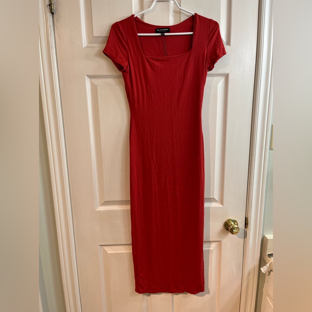 See You Monday Red Maxi Dress with Square Neckline